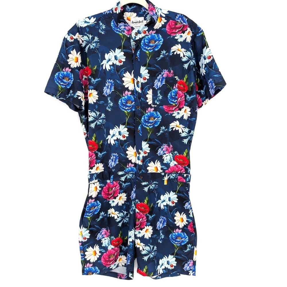 RomperJack Mens Navy‎ Floral Passion Romper Large Resort Boho Beach Streetwear